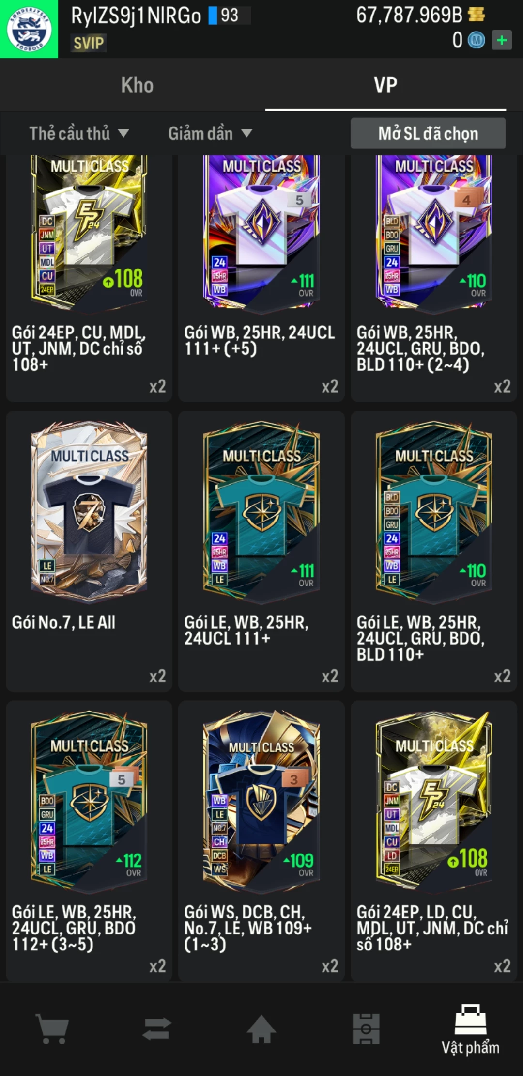 Ảnh ACC mở thẻ (LOẠI SVIP PROMAX) bao gồm 1 gói thẻ +12, thẻ PRIME và 1000+ thẻ cầu thủ từ Siêu sao đến Miền núi các loại. Có sẵn BP trắng trong acc từ 57.000 tỷ BP đến 67.000 tỷ BP, kèm theo nhiều ngày SVIP